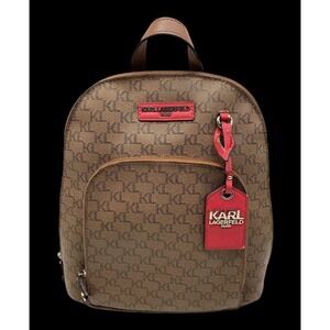 Karl Lagerfeld Paris Monogram Backpack Brown Red Leather Accents